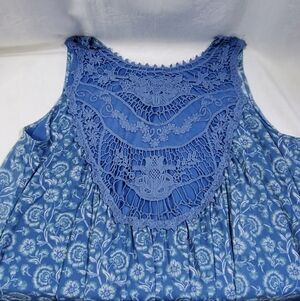 Indigo Thread Co Womens Blue Floral Lace Inset Boho Pullover Sleeveless Tunic XL